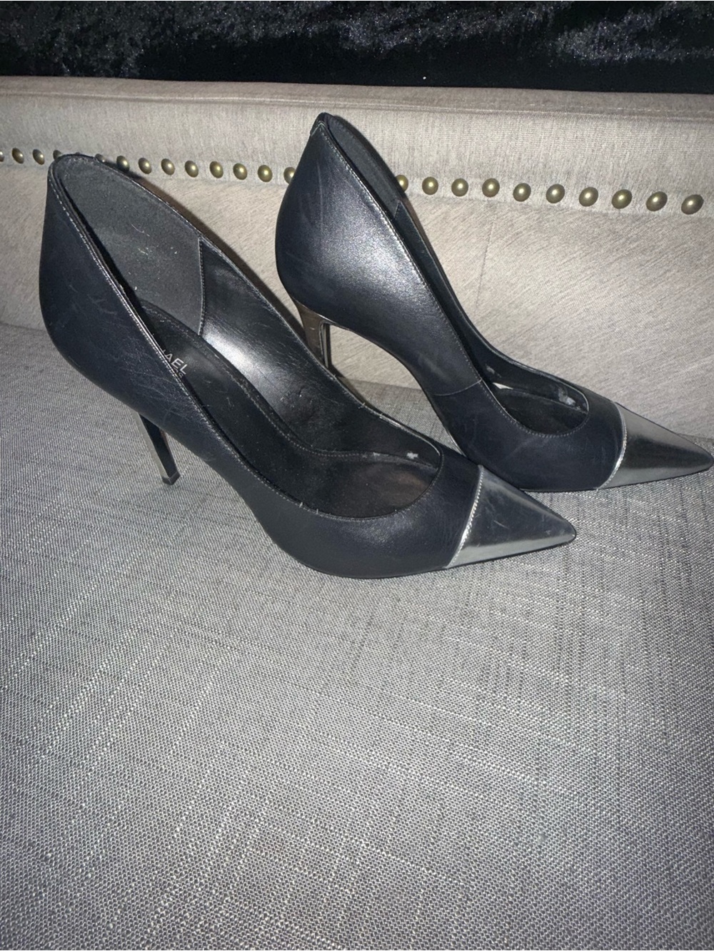 Michael Kors Black Leather Pointed Pumps with Silver Toe
